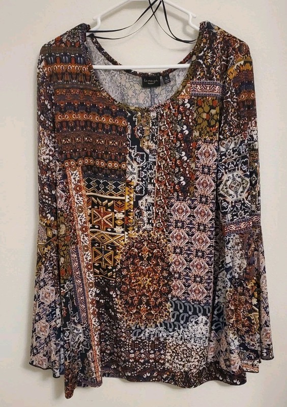 Lavanya Women's Boho Patchwork Tunic Blouse Size 1X Dramatic Bell Sleeves Gypsy