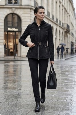 Max Mara Rainwear Black Hooded Belted Zip-Up Short Jacket Coat Sz 8