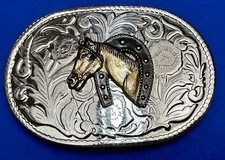 Horse Head In Lucky Horseshoe - Two Tone Western Flower Swirl Belt Buckle