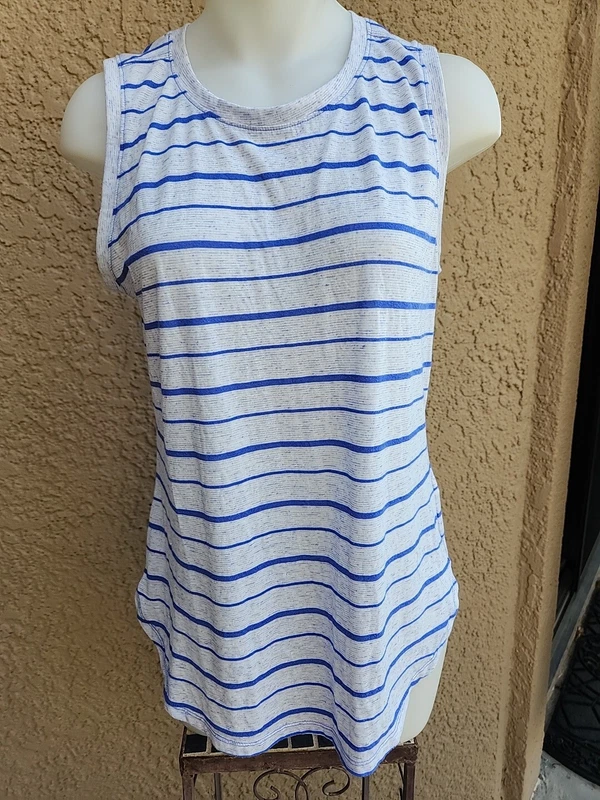 athleta heather blue sleeveless striped asana muscle tank-top