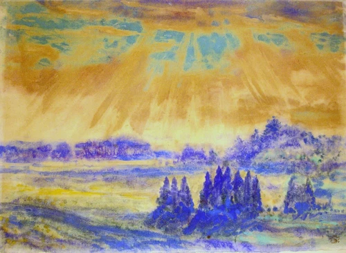 Théo van Rysselberghe Watercolor: "Sunburst over a Summer Landscape"