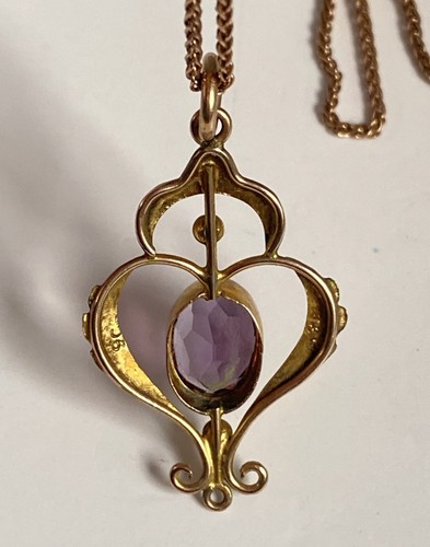 Antik um 1900 Jugendstil 9 kt Gold Amethyst Tropfen Anhänger Halskette & Kette - Bild 7 von 15