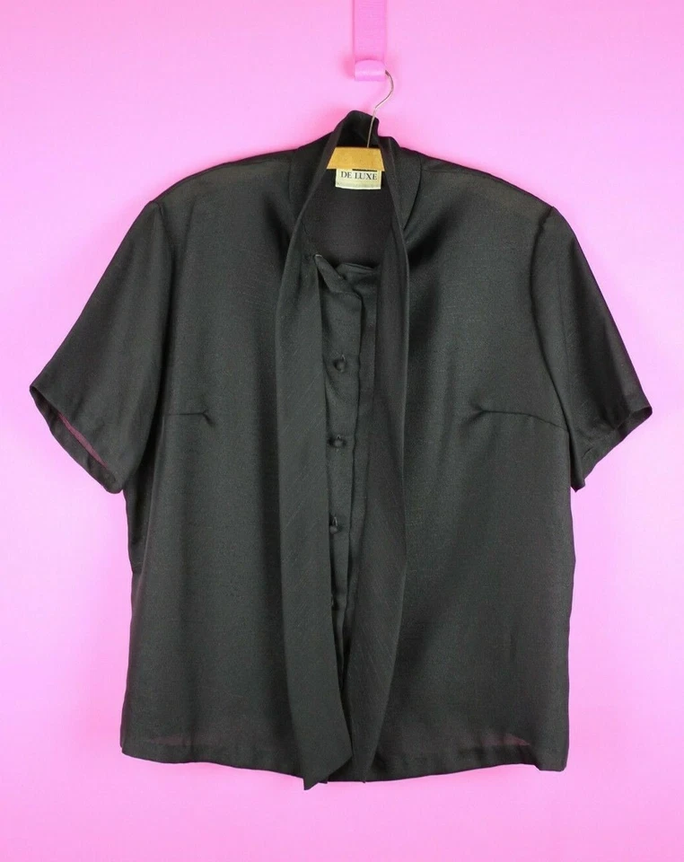 VINTAGE Womens Black Sheer Neck Tie Pussybow 70s Secretary Retro Blouse Top 14 M - Image 2 of 4
