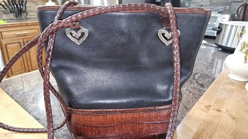 Brighton Vintage Black with Brown Reptile Print Trim Bucket Bag Magnetic Closure - Picture 4 of 13