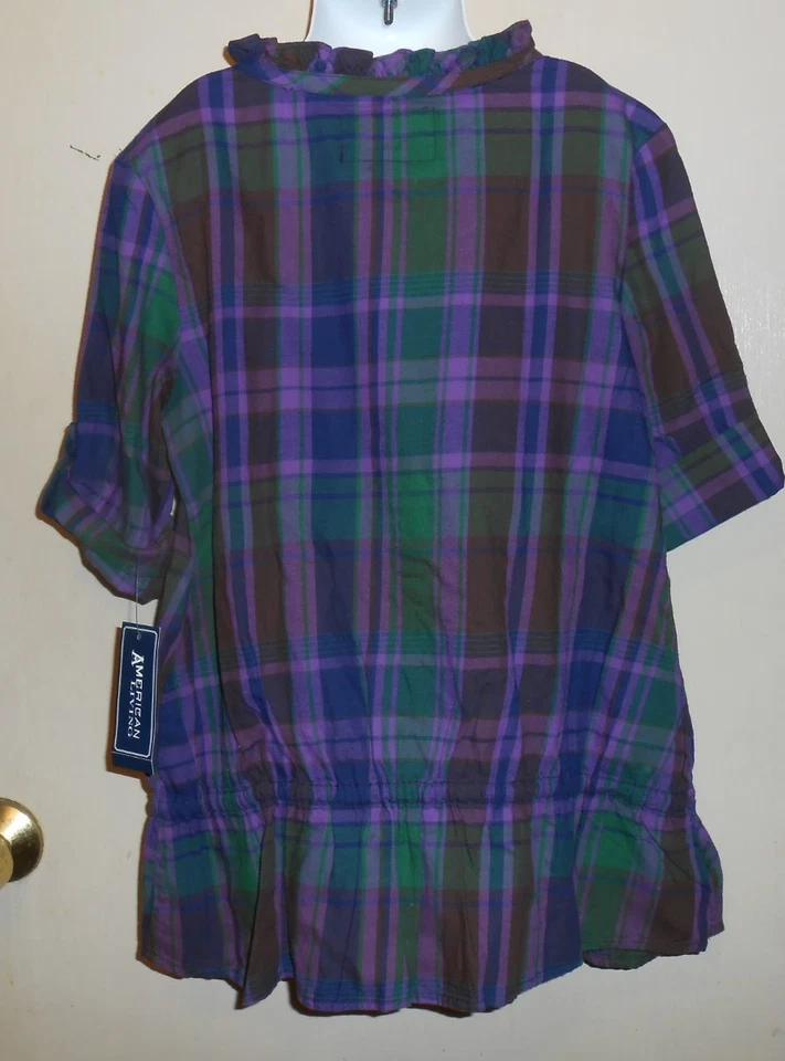 American Living Girls Roll-Up Sleeves Plaid Tunic Blouse Purple Multi M/8-10 NWT - Image 3 of 3
