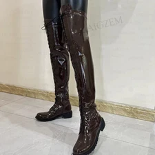 Women Over Knee Boots Comfortable Round Toe 5CM Mid Heels Boots Side Zip Shoes