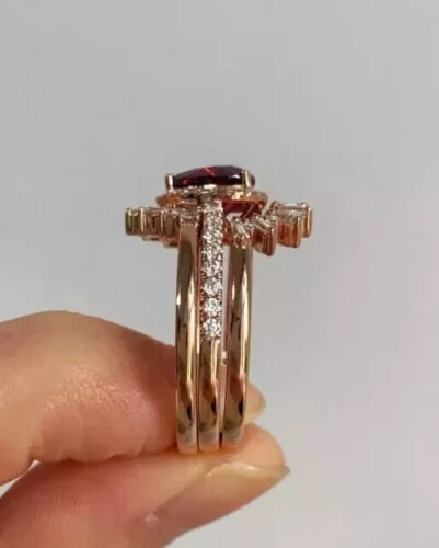 3.10Ct Heart Cut Lab Created Garnet Trio Set Wedding Ring 14K Rose Gold Plated - Picture 5 of 7