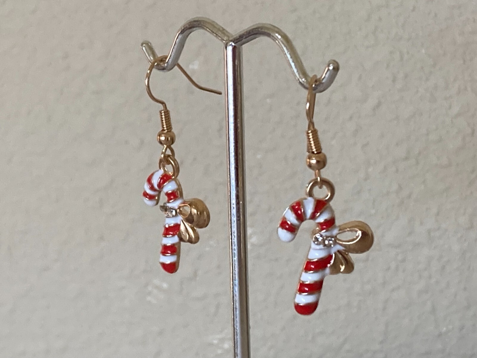 Rhinestone Accented Red & Green Enamel Candy Cane Dangle Earrings