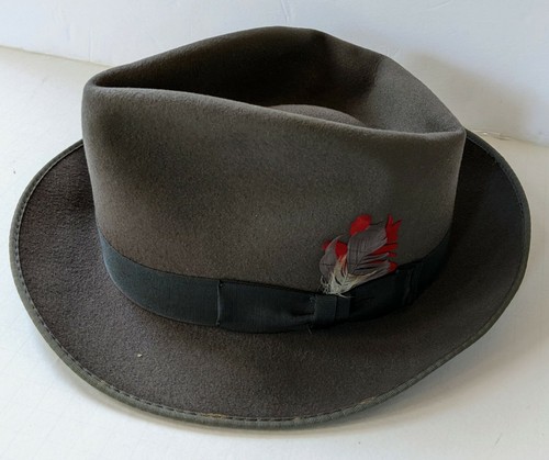 Vintage Women's Ashley Hat 100% Wool Ribbon Gray Bowler Sz 7 Feather Western - Picture 2 of 7