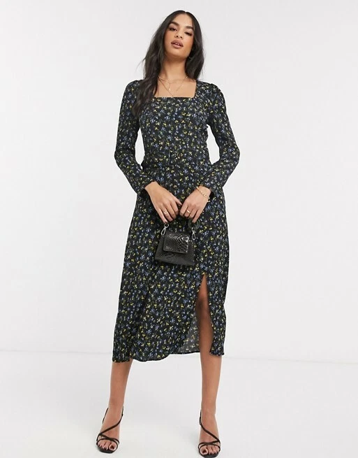 NWT - WAREHOUSE Women's DITSY SQUARE NECK MIDI DRESS Black - US 12  5057843288701 | eBay