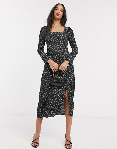 Warehouse Ditsy Square Neck Midi Dress in Black-Multi