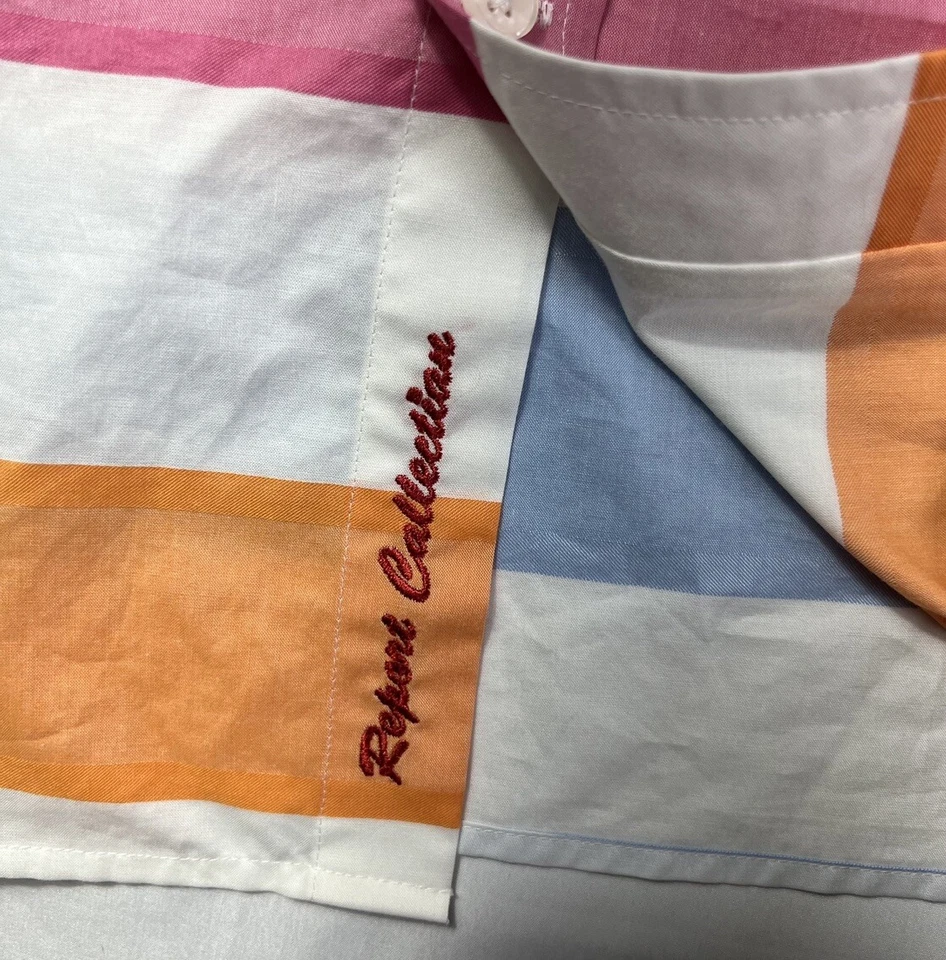 REPORT COLLECTION Men's Button Front Shirt ~ XL Blue Green White Orange Stripe - Image 2 of 4