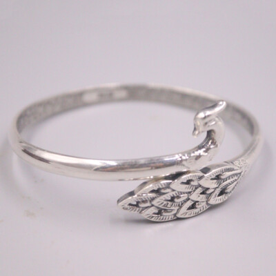 Echt 999 Silber Armband für Damen Retro Pfau Silber offener Armreif 55-60 mm Durchmesser