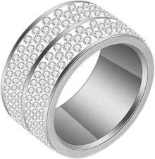 CZ Eternity Ring Women's 9 Stainless Steel Double Layer Band 6-Row Crystals