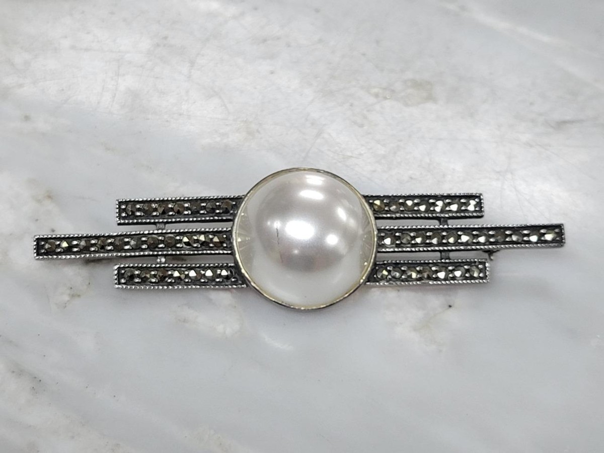 Judith Jack Sterling Silver Imitation Pearl Brooch w/ Marcasites