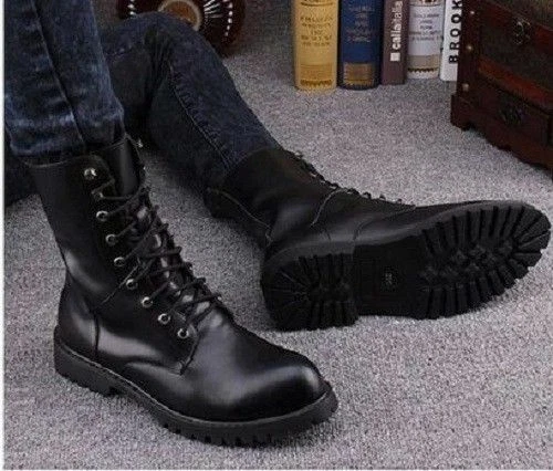 Men Handmade Original Leather Shoes Military Style Combat Black