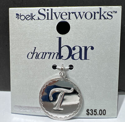 Silverworks Silver Letter T Charm - Silver Cursive T Initial Disc Pendant 