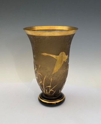 Antique Czech Acid Cut Back Flying Geese Gold Gilt Glass Vase Karl Goldberg