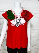 Mexican Womens Tunic Size M Red V-Neck w/Embroidered Tricolor Flowers
