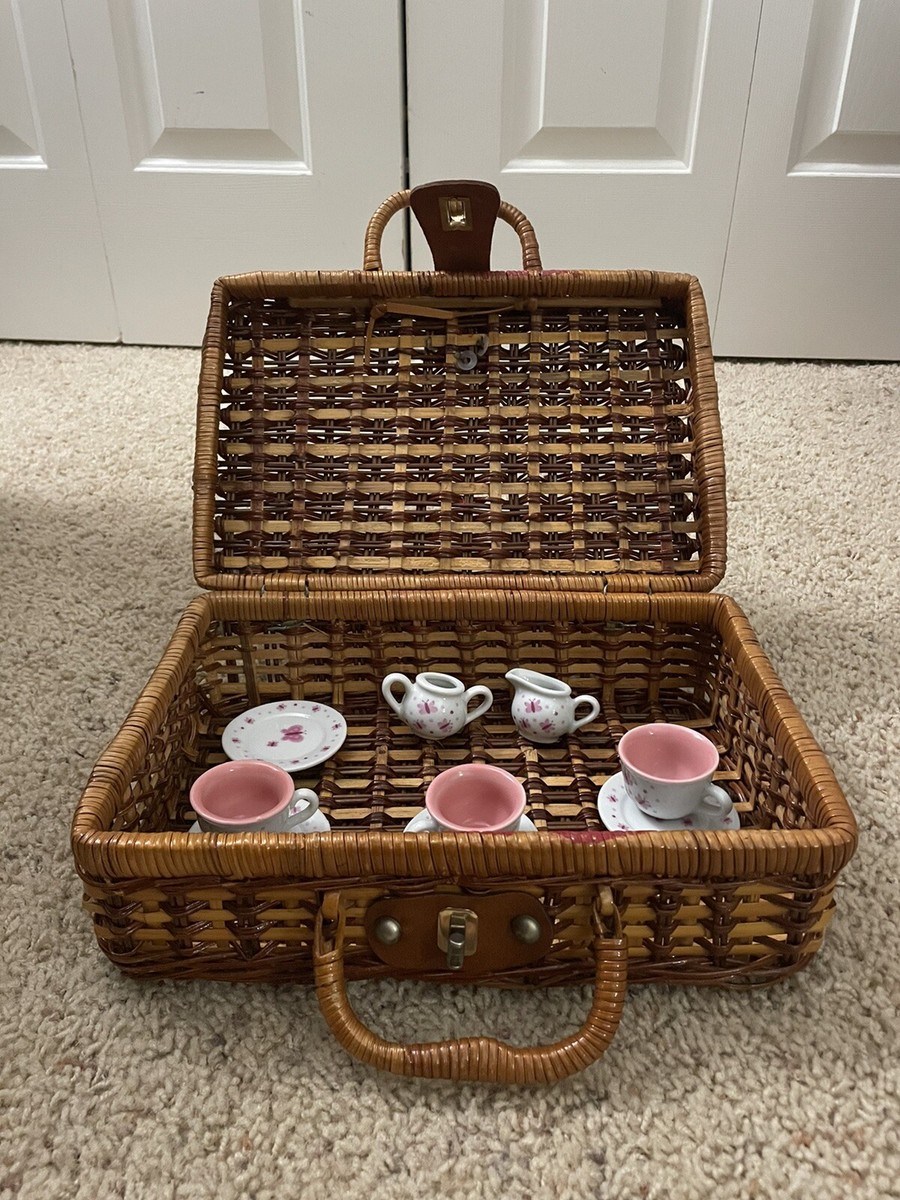 Vintage Child's Porcelain Tea Set with Basket