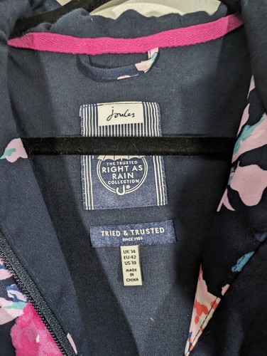 Joules Mujer Floral The Coast Impermeable Azul Marino Con Capucha Cremallera Completa Chaqueta Talla 10 Preppy - Imagen 6 de 12