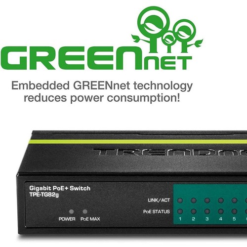 TRENDnet 8-Port GREENnet Gigabit PoE+ Switch, Supports PoE And PoE+ Devices, 61W - Picture 2 of 9