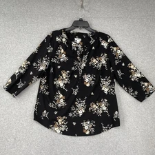 Croft & Barrow Top Women's L Black Floral 3/4 Roll Tab Sleeve 1/2 Button Front