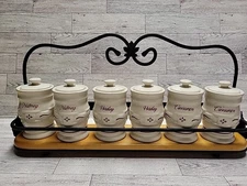 Longaberger Wrought Iron Hanging Spice Rack 6 pottery Jars Red Woven Tradition