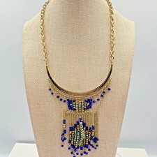 Vintage Retro Gold Tone Cobalt Blue Beaded Fringe Statement Bib Necklace Fashion
