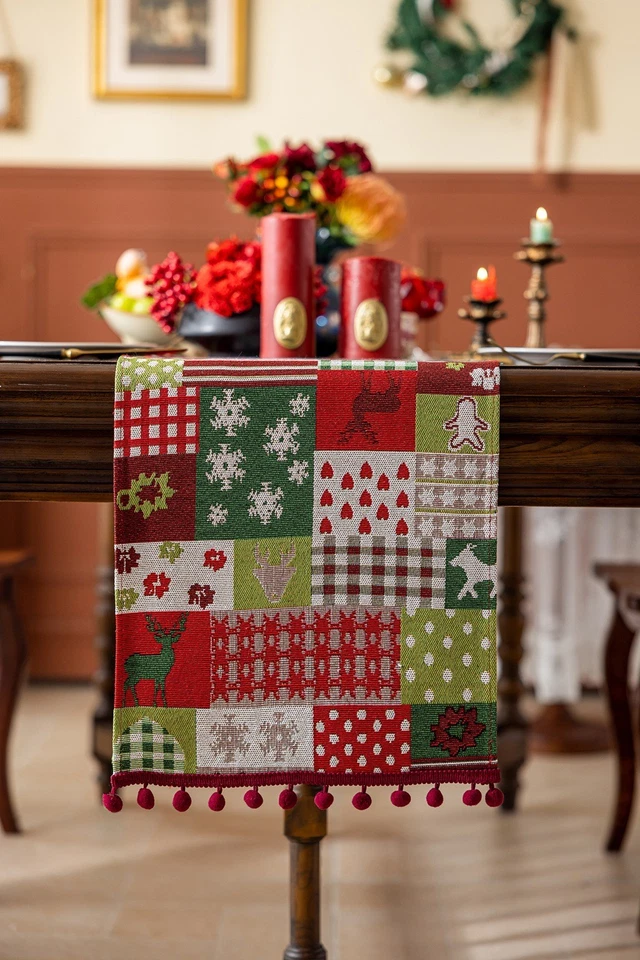 Christmas Vibe Santa Patchwork Table Runner Coffee Dining Table Decor Pom-pom - Image 4 of 4
