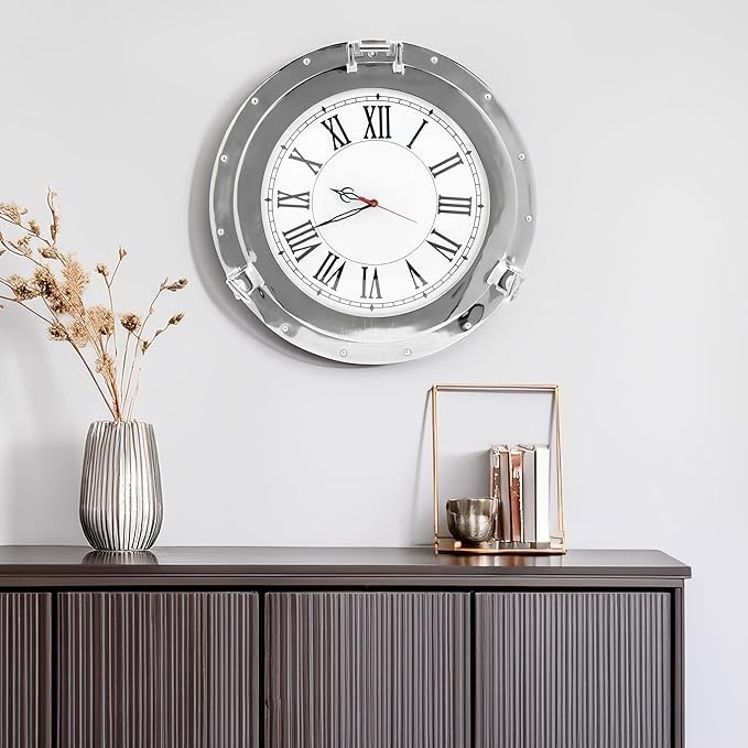 12"Rushed Nickel Aluminum Metal Roman Porthole Clock | Nautical Navy Decor Gifts