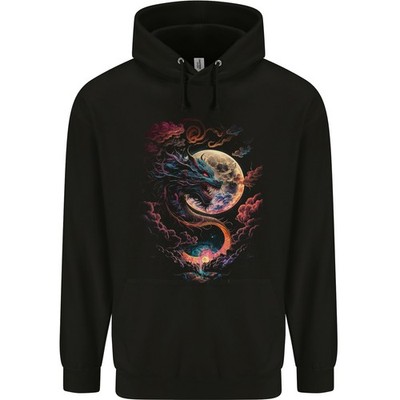 Fantasy Dragon Full Moon Herren Hoodie 80% Baumwolle Schwarz Regular