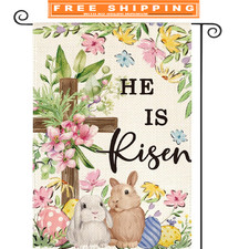 AVOIN He Is Risen Easter Garden Flag 12x18 Double Sided Bunnies Flowers Cross