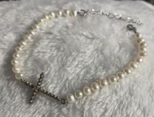 Sterling Silver Cross Bracelet With Hand Tied Genuine Pearls Signed Marked 925