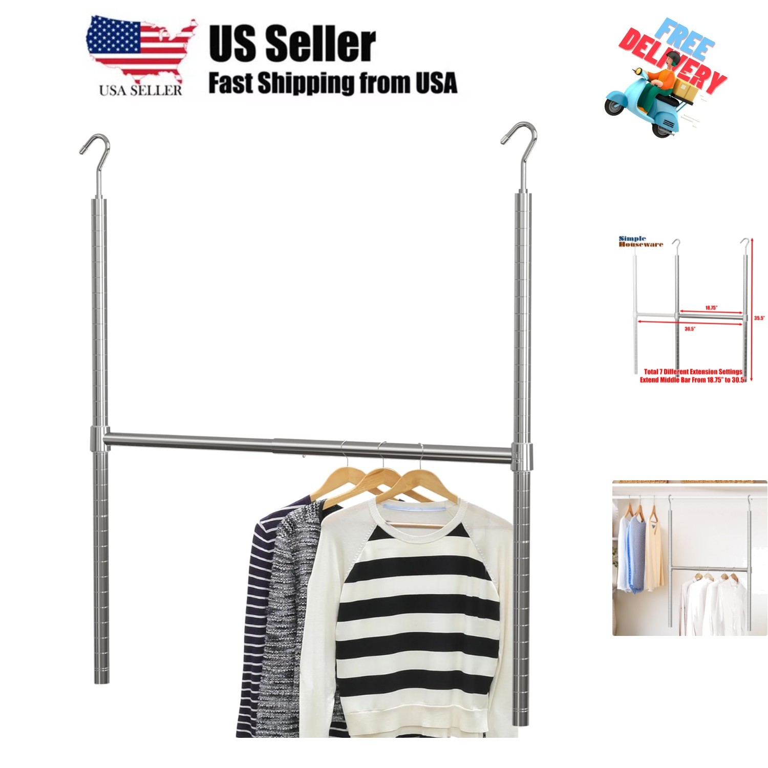 Adjustable Closet Hanging Rod, Chrome