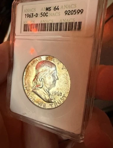 1963-D FRANKLIN SILVER HALF DOLLAR GRADED ANACS MS64 OLD SOAPBOX HOLDER