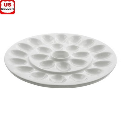 Porcelain Egg Platter Holds 24 Eggs W/ Sauce Well Microwave Oven Dishwasher Safe