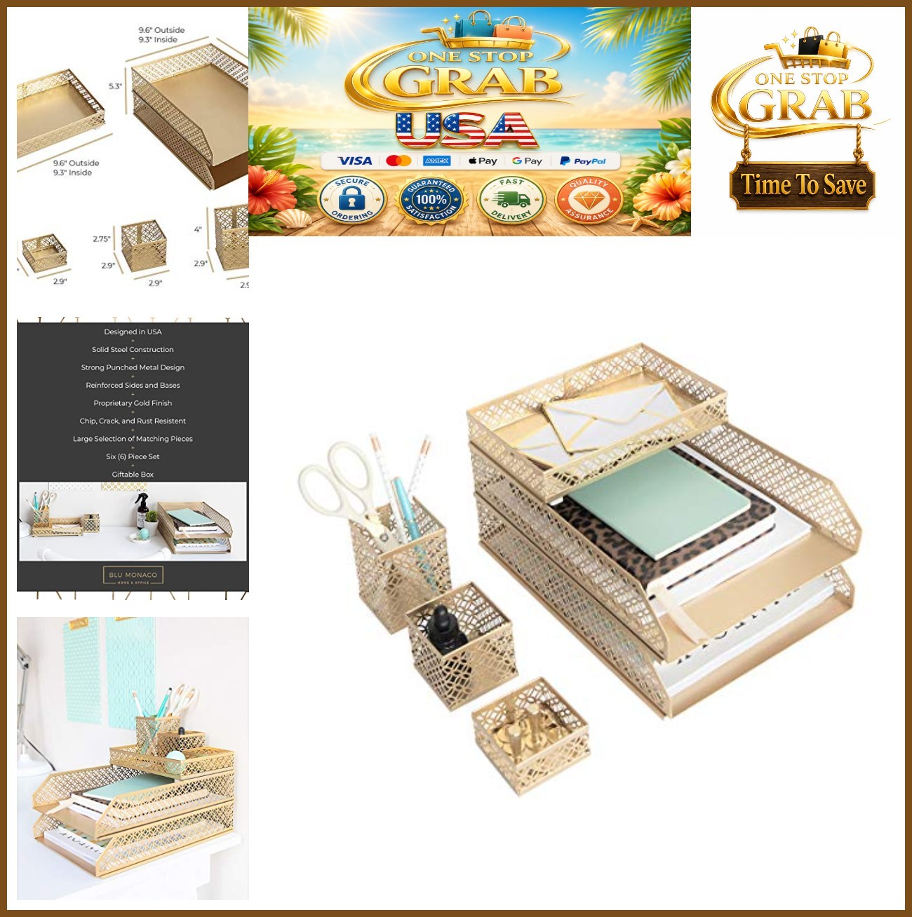 Gold Desk Organizer Set 6 Piece Steel Letter Tray Pen Holder Countertop Mail
