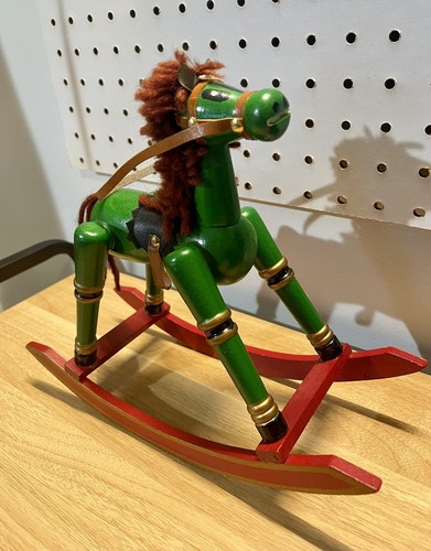 Vintage Rocking Horse Hand Made & Red Green Painted Wooden Toy Christmas Decor - Picture 11 of 24