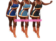 New Women Sexy Club Wear Two Pieces Slinky Striped Tape Denim Cami Top+Skirt