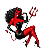 Halloween Pin Up Girl Sticker 4" Red Devil Girl Trident Sexy Spooky Costume