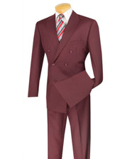 Burgundy Vinci Men Solid Color Double Breasted Regular Fit Suit Elastic Waist