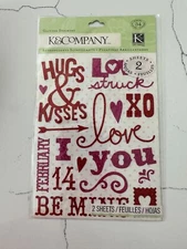 K&Company Dimensional Valentine Word Glitter Stickers 34PC Love Struck Be Mine