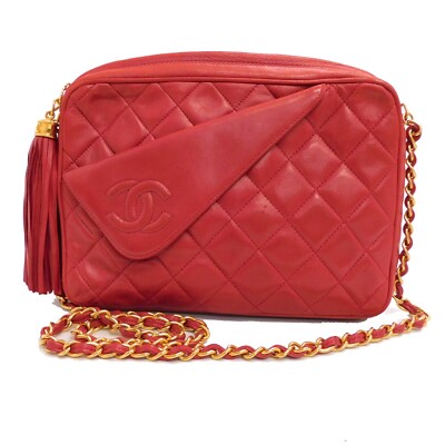 CHANEL Matelasse LambSkin Gold Plate Chain Red Shoulder Camera Bag