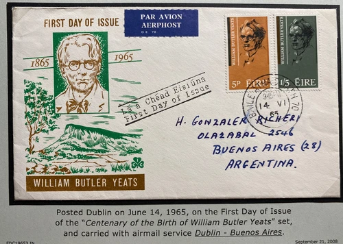 1965 Dublin Ireland First Day Cover FDC To Buenos Aires Argentina William Butler