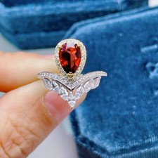 3Ct Pear Cut Red Garnet & Diamond Halo Engagement Ring 14K White Gold Finish