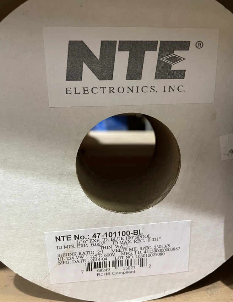 Tubo termorretráctil NTE Electronics 47-101100-BL 1/16" x 100 pies pared delgada, azul, 2:1 Foto 2 de 2