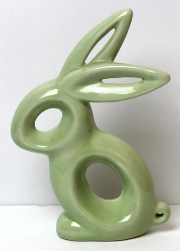 Vintage Art Pottery Ceramic Green Bunny Rabbit Stylized Springtime Figurine