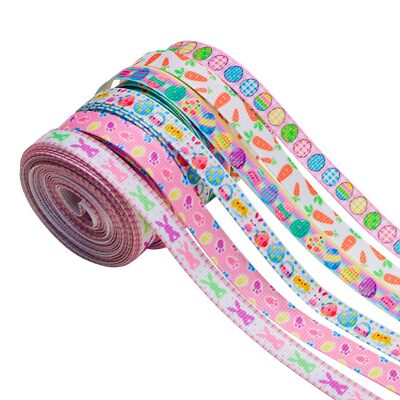 6 Rolls Easter Grosgrain Ribbons 5 Yards Single Sided Rabbit Egg Pattern DIY