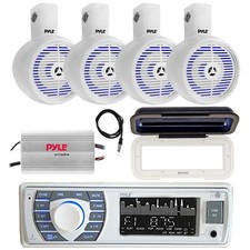 Pyle in-Dash Marine Radio, 4x 8" LED White Speakers, Amplifier, Cover, Antenna